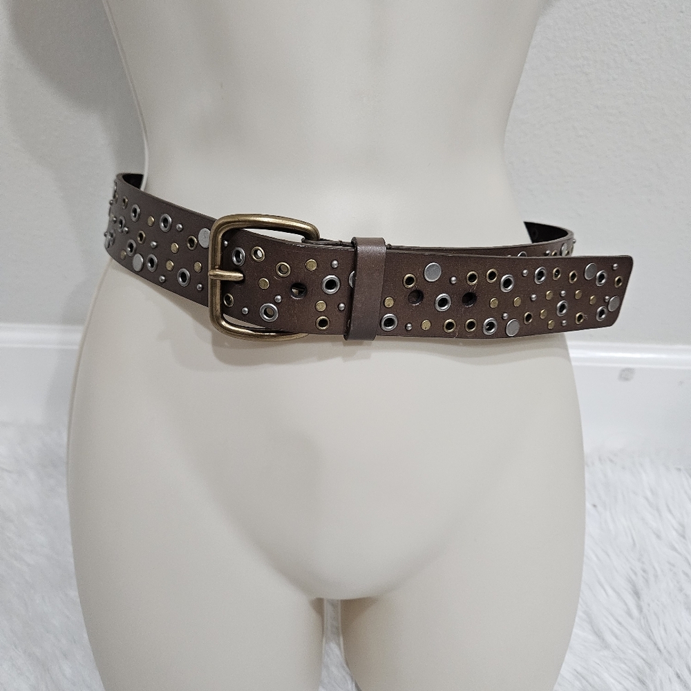 Women's Brown Leather Grommet Belt with Brass-Tone Buckle